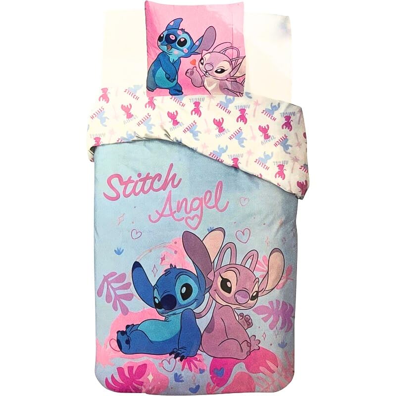 Parure de Lit Stitch, Housse de Couette Disney Lilo et Stitch - 140 x 200 cm + Taie d'oreiller 65 x 65 cm, 100% Coton (Bleu & Rose)