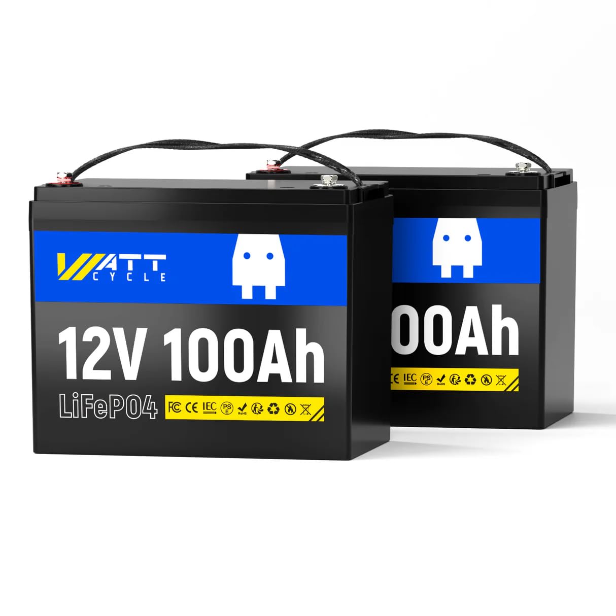 Wattcycle LiFePO4 Battery 12.8V 100Ah, Lithium Iron Phosphate, Group24, 1280Wh Capacity, IP65 Waterproof, 100A BMS, 15000+ Cycles, Ideal for Marine, RV, Solar, Home Storage, 2 Pack