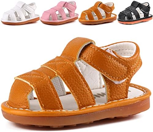Boys Girls Summer Squeaky Sandals Closed-Toe Anti-Slip Premium Rubber Sole Toddler First Walkers Shoes Yellow (Foot Length 10.5cm/4.13in) 1302-YL15