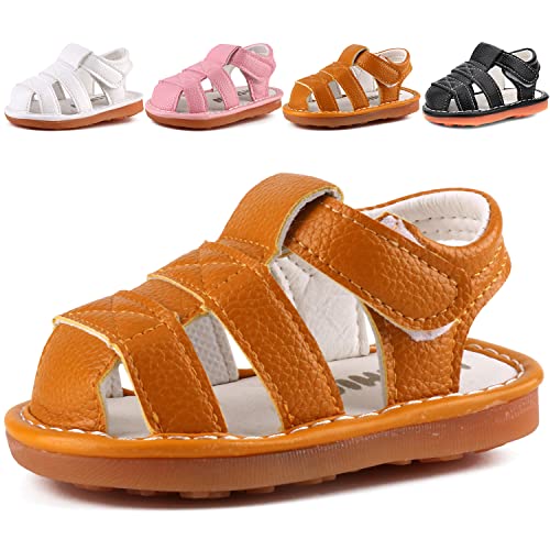 Boys Girls Summer Squeaky Sandals Closed-Toe Anti-Slip Premium Rubber Sole Toddler First Walkers Shoes Yellow (Foot Length 10.5cm/4.13in) 1302-YL15