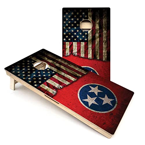 Skip's Garage Red TN & USA Split Flag Cornhole Boards - Includes (2) Boards (Resin Bags) + (2) Hole Lights & (2) Edge Lights