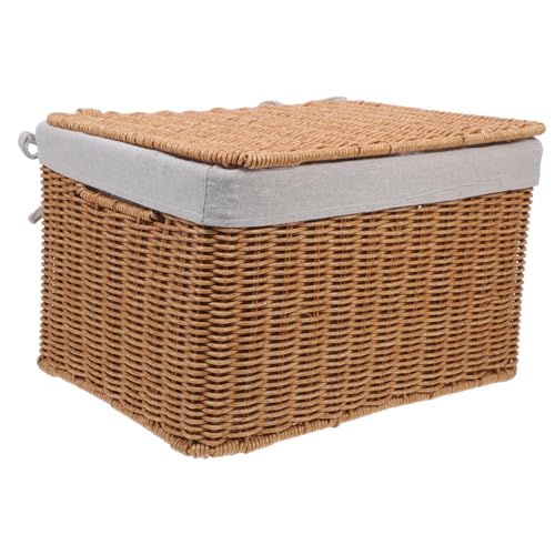 OFFSCH Cestino Rettangolare Intrecciato in Vimini con Coperchio e Doppie Maniglie, Porta Oggetti Versatile per Biancheria e Libri, Contenitore Grande 36x26x21 Cm per Organizzazione Casa