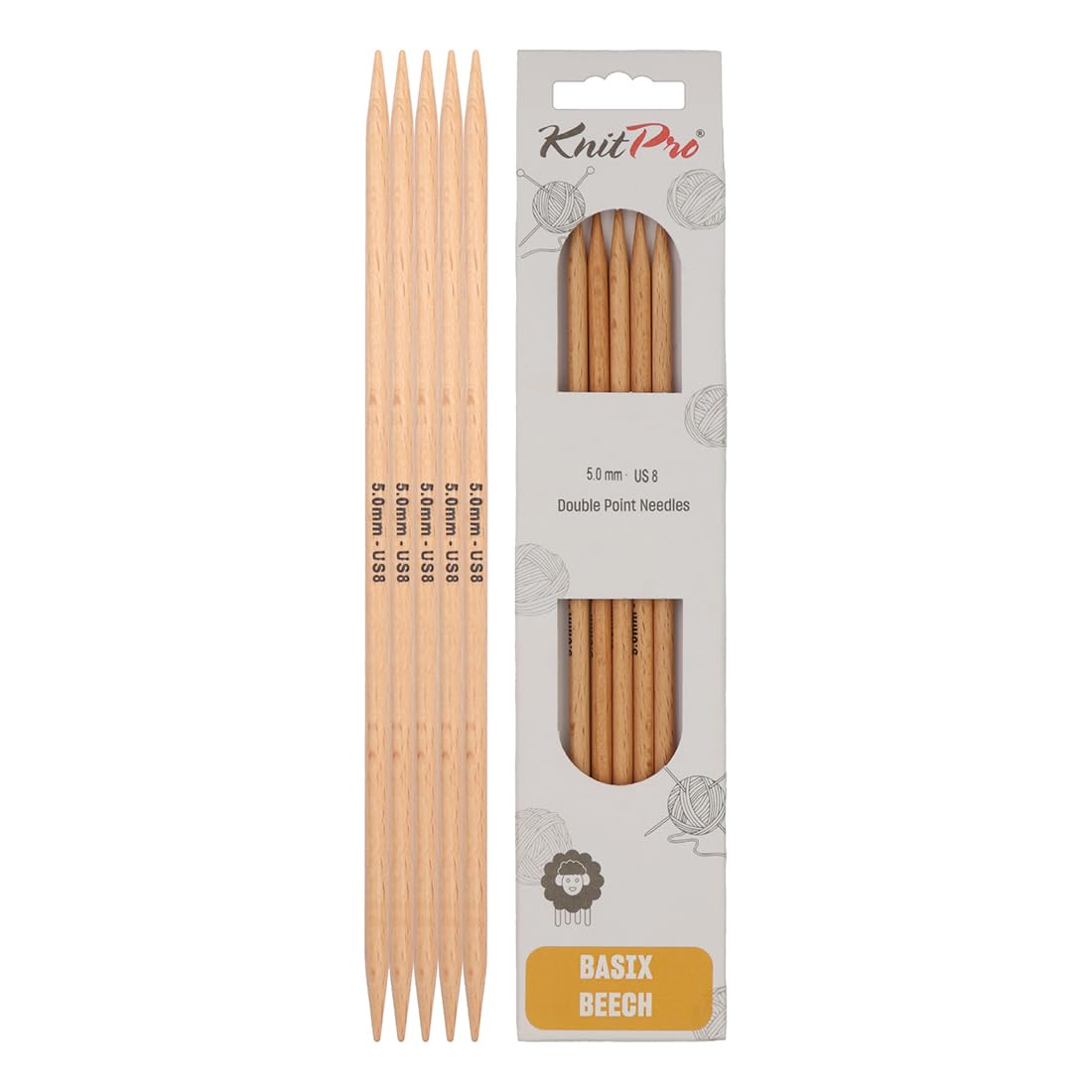 KnitPro KP35119 20 cm x 5 mm Basix Double Pointed Needles, Birch, Brown, Bruin