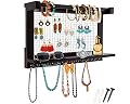 Rustic Jewelry Organizer – Wall Mounted Jewelry Holder with Removable Bracelet Rod, Shelf and 16 Hooks – Perfect Earrings, Necklaces and Bracelets Holder – Vintage Jewelry Display – Dark Brown