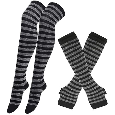 EUBUY Womens Striped Knee High Socks Long Knitted Arm Warmers, Knit Fingerless Gloves Set, Striped Over Knee, High Socks Stripe Women Long Socks for Daily Wear, Cosplay Cover