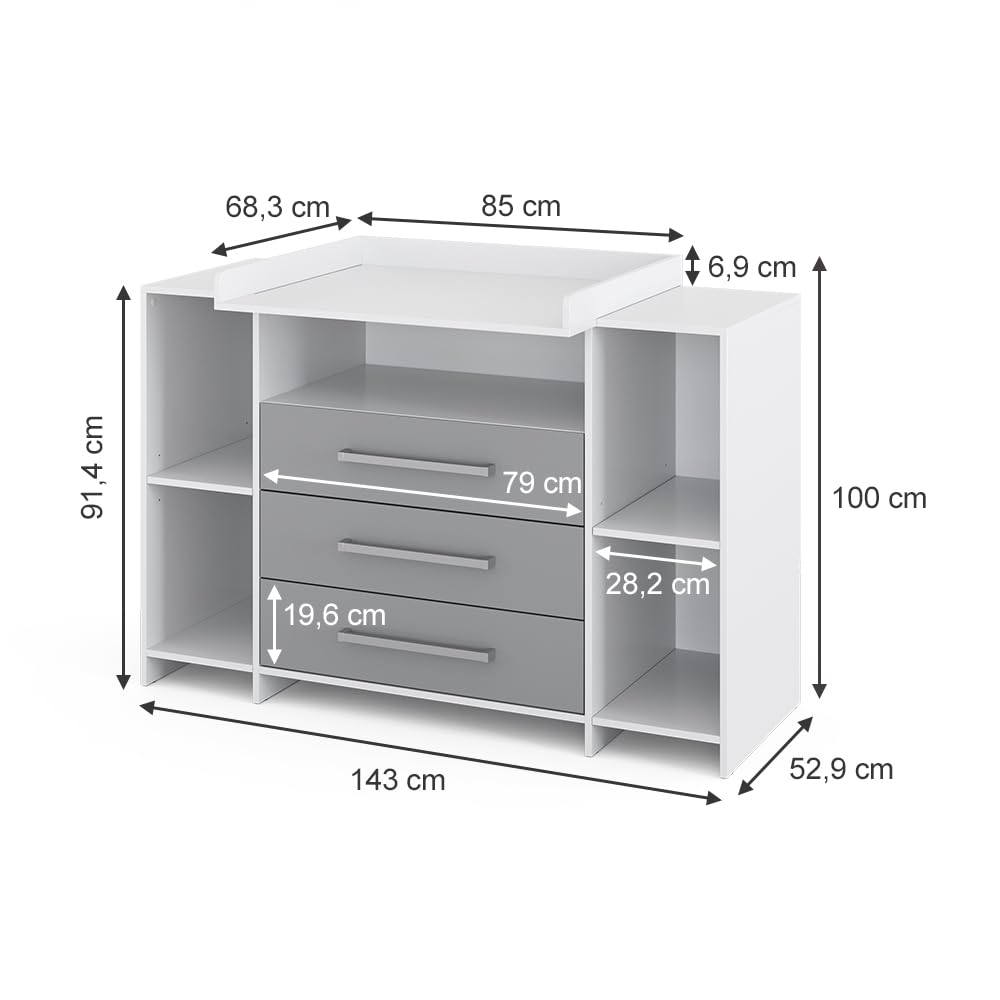 Vicco Cómoda Cambiador Oskar, Blanco/Gris, 143 x 100 cm XL con cajones, Apto como Cambiador con Zona de Almacenamiento Ampliable