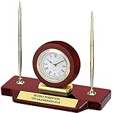 DINN BROS Personalized Rosewood Double Pen Desk Set with Clock | Customize Engraving | Corporate Gift or Award