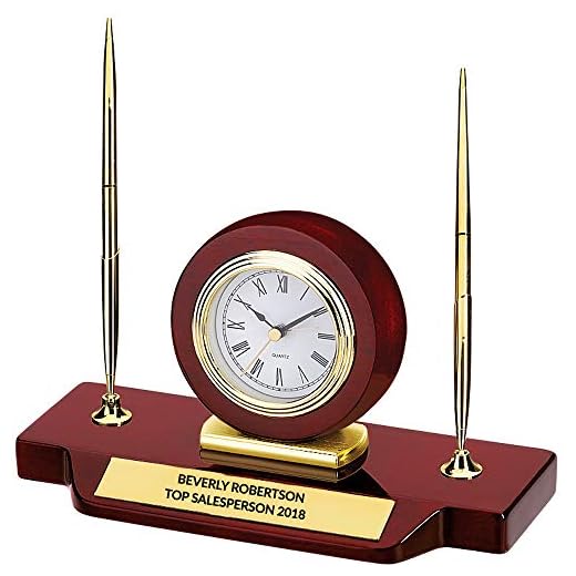 Personalized Rosewood Double Pen Desk Set with Clock | Customize Engraving | Corporate Gift or Award