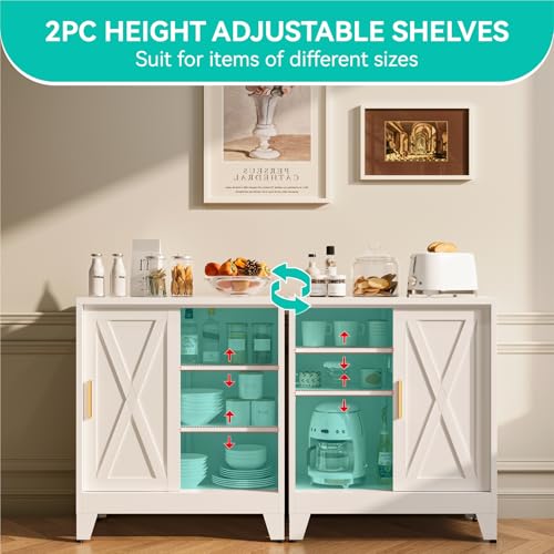 Image of 37 inch H Coffee Bar Storage Cabinet with Sliding Door and Adjustable Shelves,31.5 inch Wide by 15.8 inch Deep Small Metal Cabinet,Buffet Sideboard for Living Room Kitchen,White