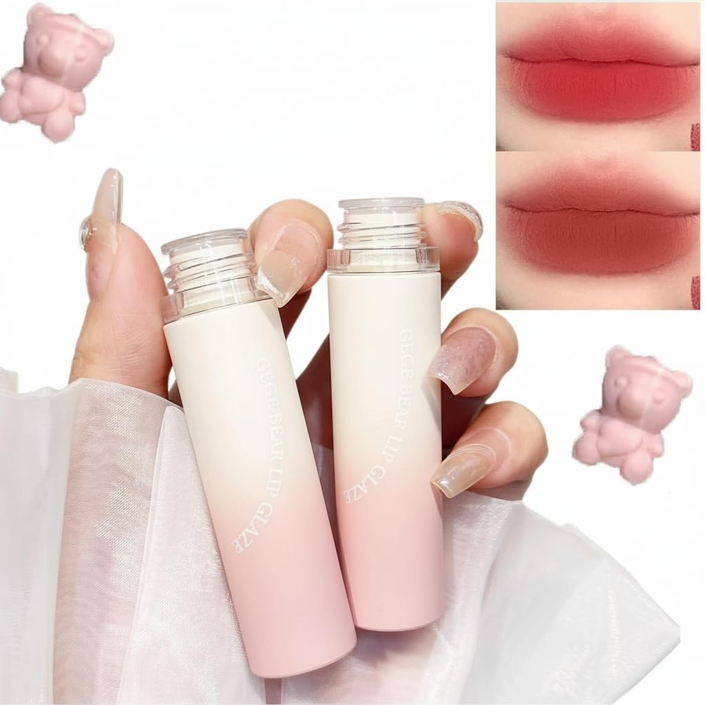 MAKINGTEC 2 Pcs Bear Lip Glaze Matte Liquid Lipstick, Bear Velvet Lipgloss, Waterproof Long Lasting Lip Gloss, Moisturizing Lip Oil Gloss, Suitable Beauty Makeup