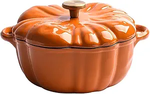 Enameled Cast Iron Dutch Oven with Lid, 1.32 qt Cute Halloween Decor Pumpkin Pot, Covered Dutch Oven Stockpot Baking Dish, Pumpkin Casserole for Fall Thanksgiving Decor, Oven & Stove Safe (Orange)