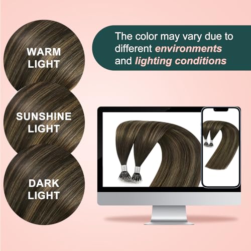 Image of Easyouth Nano Bead Hair Extensions Human Hair Balayage Brown 14 Inch 50G Ombre Dark Brown to Brown Nano Ring Beads Extension for Women Short Straight Hair 50S