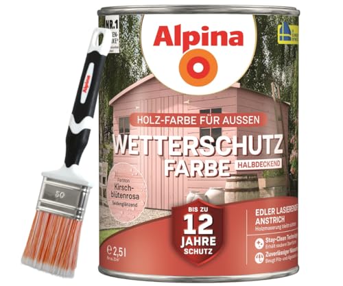 Alpina Holz-Wetterschutz-Farben inkl. Pinsel 50 mm – Kirschblütenrosa, halbdeckend, seidenmatt – bis zu 12 Jahre Schutz vor Witterung und Nässe – schmutzabweisend, deckend & ergiebig – 2,5 L