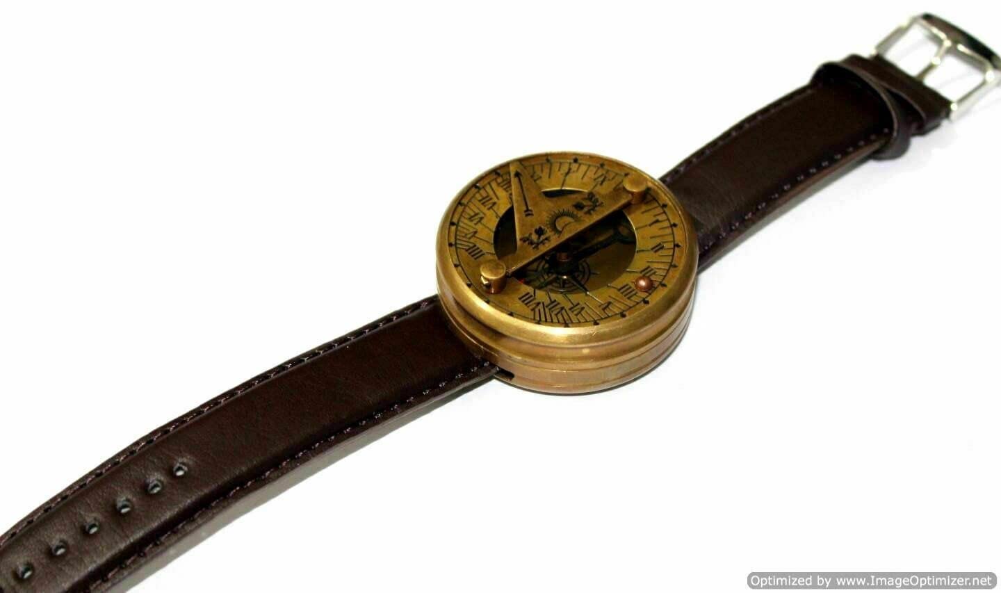 Reloj de pulsera con brújula de trabajo con reloj de sol de latón náutico, estilo vintage hecho a mano, Hombre (‎Marrón Antiguo)