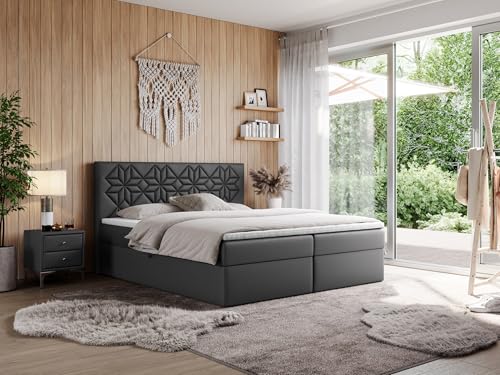 MKS MEBLE Boxspringbett 140x200 mit Matratze H4 und Bettkasten, Doppelbett Bett mit Stauraum und Topper, Polsterbett 140x200 mit Kopfteil - Leila - Dunkelgrau Kunstleder - H4