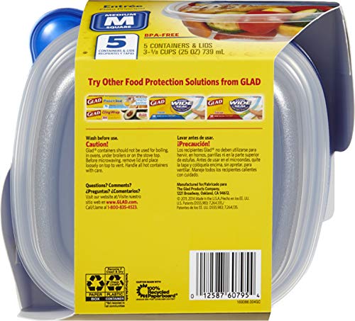 GladWare Entree Food Storage Containers, Medium Square Holds 25 Ounces of Food, 5 Count Set | Tupperware, Plastic Food Container, Meal Prep Container, Plastic Containers with Lids - image 9