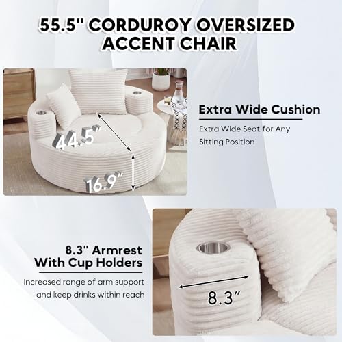 Image of Oversized Round Chair Lounge Chaise Indoor, 55.5 inch Upholstered Corduroy Deep Seat Single Cloud Sofa Chair with Cup Holder, Modern Large Circle Boneless Sleeper Sofa for Living Room, Beige White