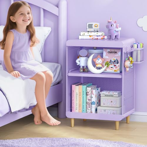 SYKIARIOL Cute Nightstand for Girls Bedroom, Small Bedside Table with Storage Drawer & Hooks, Kids End Table for Bedroom, Dorm, Living Room, Space Saving Furniture