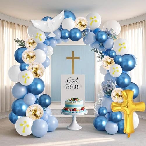 Image of 132Pcs God Bless Baptism Blue Balloon Garland Arch Kit First Holy Communion Decoration Christian Religious Party Decor Cross Dove Balloon Girl Mi Bautizo Christening Birthday Baby Shower Party Supplie