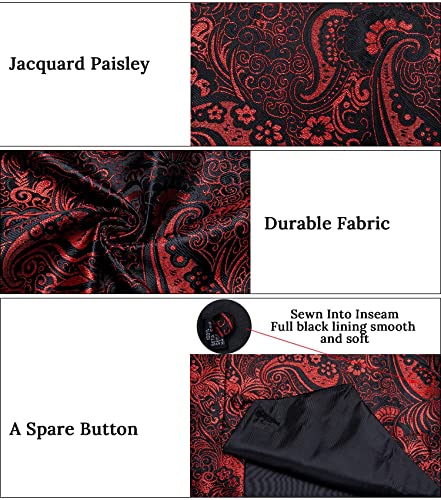 Dibangu Mens Paisley Suit Vest Black Red Vest With Necktie Pocket Square Cufflinks Dress Waistcoat Silk For Bussiness Party #TOP5