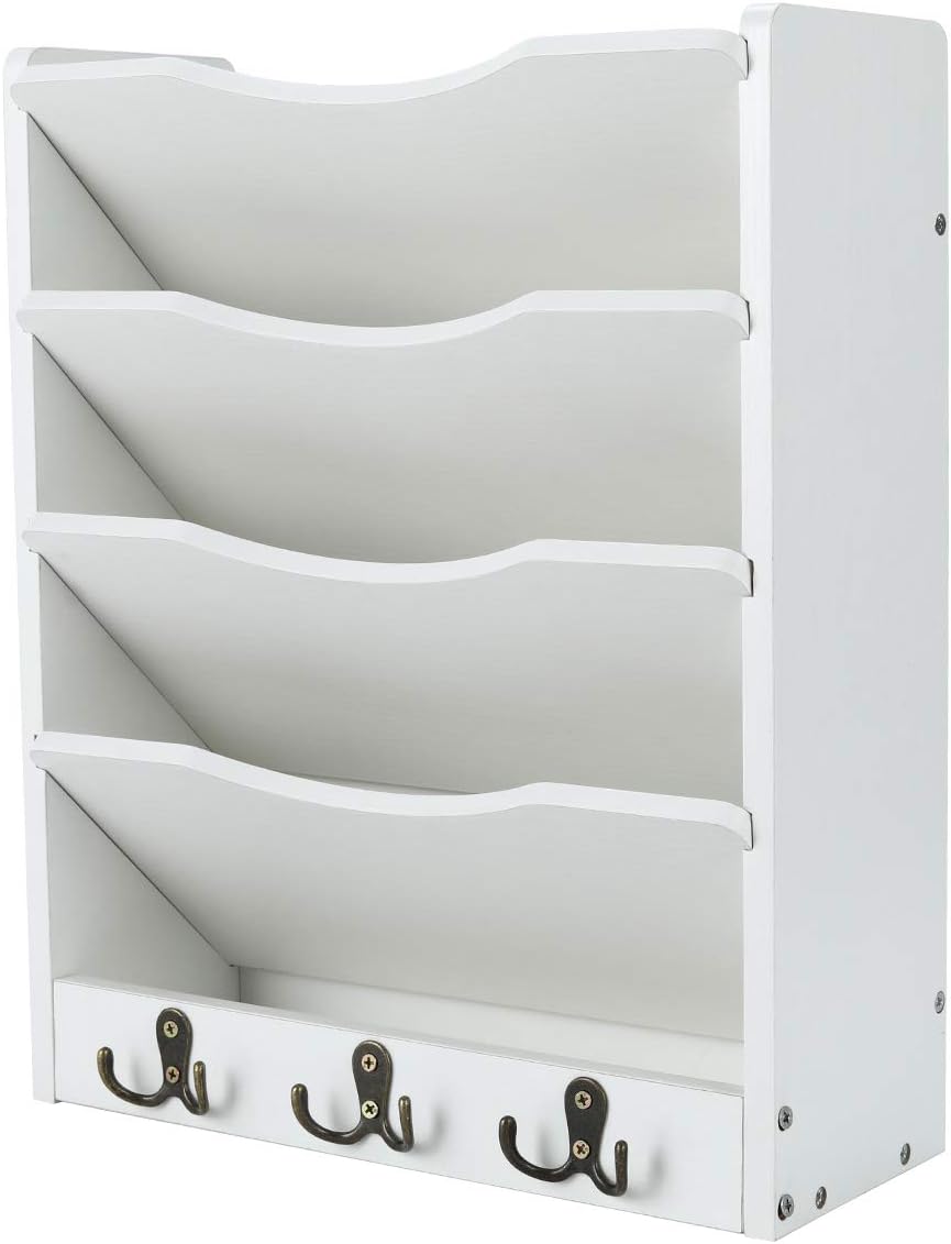 PAG 5-Tier Wall File Holder Hanging Mail Organizer Wood Magazine Literature Rack with 6 Hooks, White