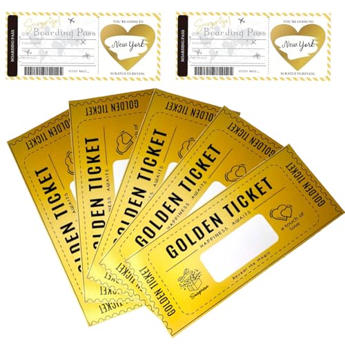 SSKHE 5 tarjetas doradas para rascar, 2 tarjetas de viaje para rascar, tarjetas de regalo de cumpleaños, tarjeta sorpresa como vale de cine, tarjeta de cupón para Navidad, teatro, comida, invitación