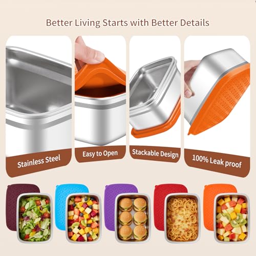 GIUOIDUO 5 Pack Heavy Duty Stainless Steel Food Containers - Extra Thick BPA-Free Storage Boxes with Leakproof Silicone Sealed Lids for Meal Prep