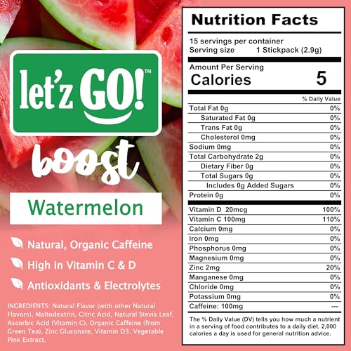 Image of Let'z Go Clean Energy Drink Mix - Natural Caffeine Packets, Vitamins C + D, Electrolytes, Sugar-Free, Zero Calories | Anytime Energy | 15 Count (Watermelon)
