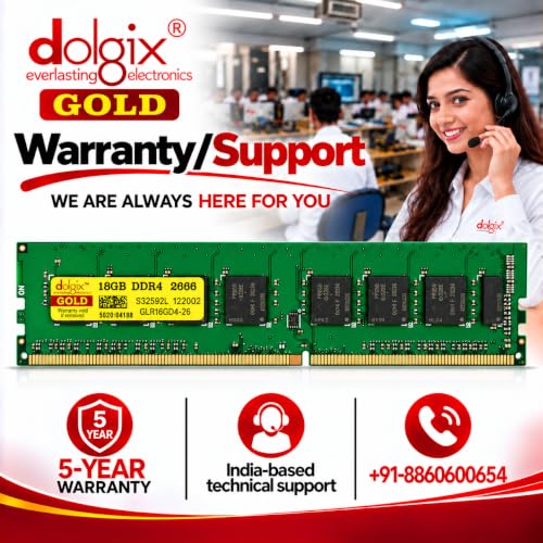 Image of Dolgix Gold 16GB DDR4 Desktop RAM 2666MHz (Memory) U-DIMM | Long-DIMM | CL-19 | 1Rx8 Dual Rank PC4-21333, Warranty -5 Years (Made in India)