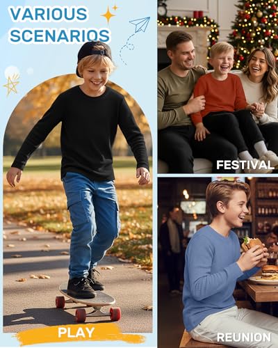 Image of 4 Pack Boys Long Sleeve Waffle Shirts | School Sweaters for Boys, Waffle Knit Thermal Shirts, Crewneck Thermal Casual Tops, Fall, Winter, Kids Clothes for 5-14 Y