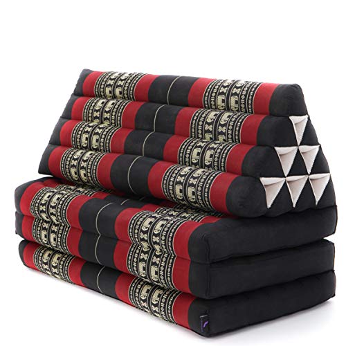 Leewadee Foldout Triangle Thai-Cushion Floor-Seat with Back-Rest TV Pillow Lounge-r Foldable Out-Door Mattress, 67x31x13 inches, Kapok, Black red