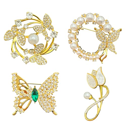 Image of Butterfly Wreath Brooch Pin White Pearl Flower Women Rhinestone Scarf Buckle Pin Gold Wedding Bridal Brooches Lady