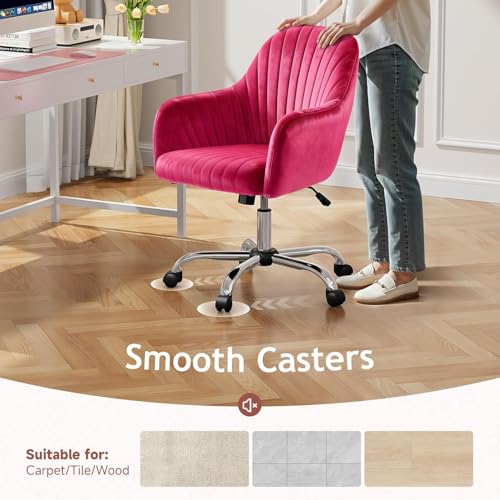 Image of AZAKEE Velvet Office Chair with Wheels & Armrests - Mid-Back Swivel Desk Chair for Home Office, Study, Bedroom & Vanity - Adjustable Height, Comfortable & Stylish (Barbie Pink)