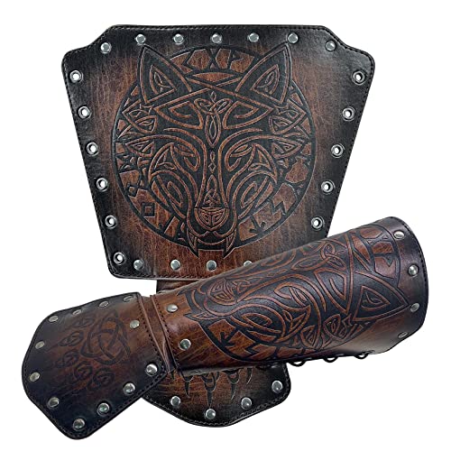 Wikinger Wolfskopf Lederarmschienen, mittelalterliche Armschienen für das Bogenschießen, nordische Ritter LARP Armschützer für Cosplay Halloween Kostüm (Braun) Cover