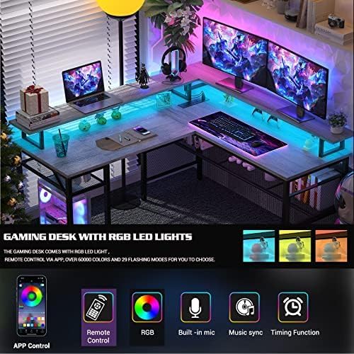 Miniatura 5 de Unikito Escritorio reversible en forma de L, escritorio de esquina de 55 pulgadas con tira de luz inteligente y toma de corriente mágica, mesa de