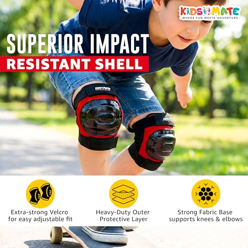 Image of Kidsmate Sports Protective Gear Set for Boys & Girls | Kids Safety Guard Contains Helmet, Knee Pads, Elbow Pads & Wrist Guards | Ages 3-14 Years, Ideal for Cycling, Skateboarding & Scooters (Red)