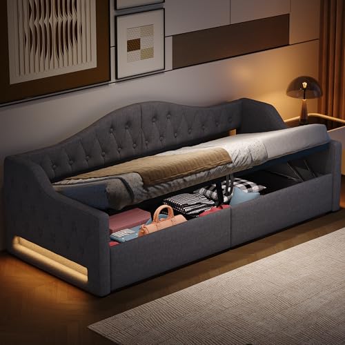 EINHOM Polsterbett Schlafsofa 90x200 cm, Tagesbett Sofabett mit LED-Gürtel, Stauraumbett mit Hydraulischer Stauraum, Lattenrost aus Holz, MDF+Sperrholz+Leinen, Ohne Matratze, Grau