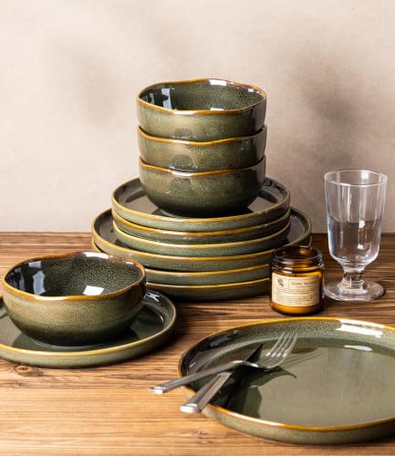 Image of TheTerra Ceramic Dinnerware Sets for 4, 12 Pieces Porcelain Lightweight Plates and Bowls Sets, Scratch Resistant Dish Set, Oven & Microwave & Dishwasher Safe, Olive Moss