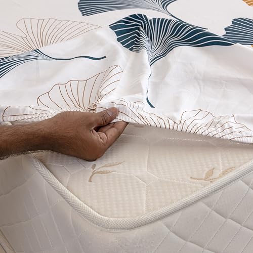 Image of HOMEMONDE 100% Cotton Fitted Bed Sheet | Mustard & Grey Ginkgo Leaf Printed All Around Elastic Bedsheet | 210 TC Soft Breathable Luxury Bedding | Perfect for Home Decor & Gifting