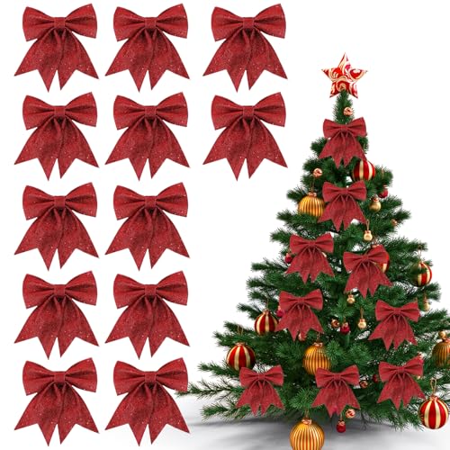 12 Pezzi Fiocchi per Albero di Natale Rosso, 15 x 12cm Fiocchi Natalizi Glitterati, Fiocchetti Rossi Albero di Natale, Nastro Fiocchetti Paillettes per Decorazione Natalizia Regalo per Festa