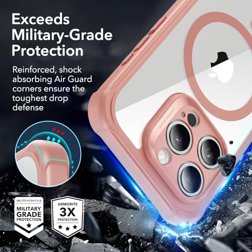Image of ESR for iPhone 15 Pro Max Case, Compatible with MagSafe, Full-Body Military-Grade Drop Proof Case with Built-in 9H+ Tempered Glass Screen Protector, Armor Series, Clear Pink