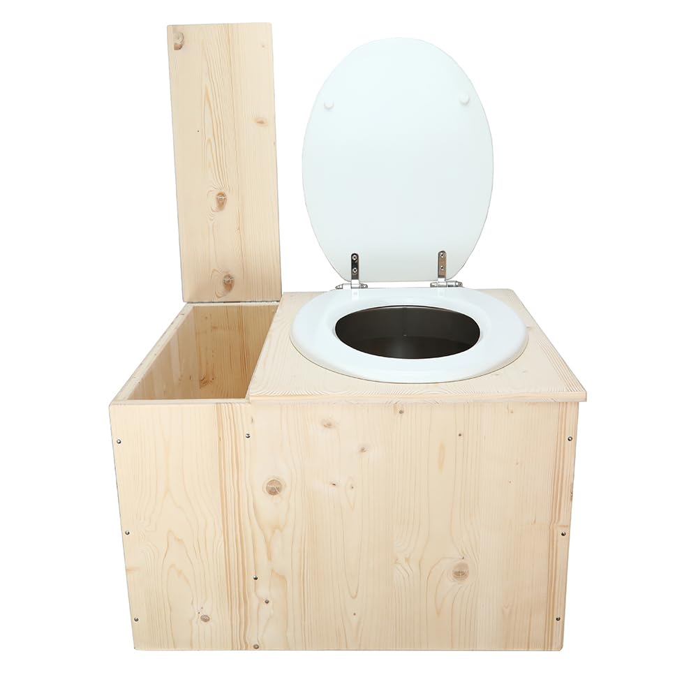 Toilette sèche avec bac à copeaux de bois intégré, Livré monté avec abattant blanc, seau inox et bavette de protection inox - Fabrication artisanale Française - N17