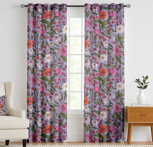 Vargottam 84 Inch Rod Pocket/Back Tab Cotton Curtains for Windows and Doors - Light Filtering Cotton Canvas - Light Filtering Drapes for Doors - Set of 2 Panels, 52"x84" - Floral Design (Blue)