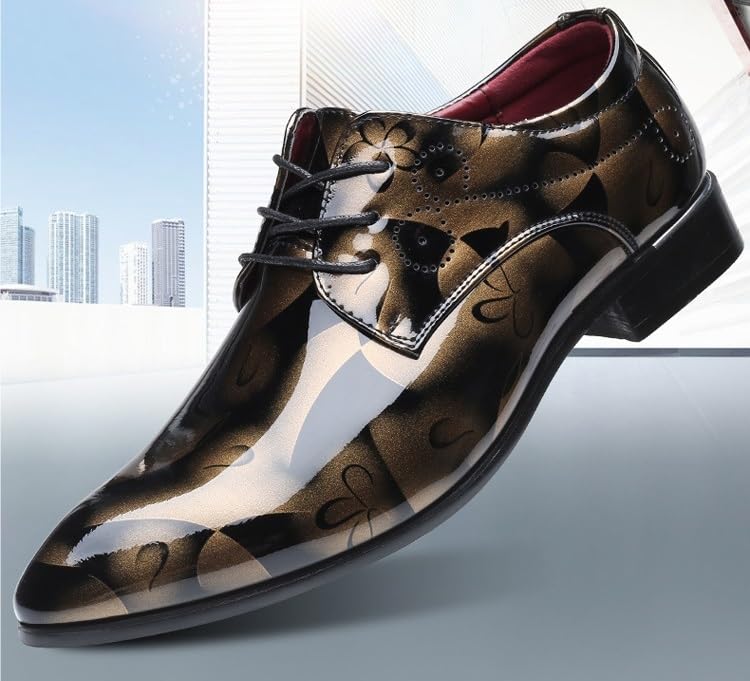 Men's Printing Pointed-Toe Patent Leather Derby Oxford Shoes Fashion Slip On Prom Business Wedding Dress Shoes3