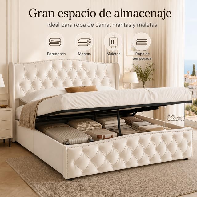 Cama 140x200 cm con canapé abatible y somier de láminas, Cama de Matrimonio tapizada, cabecero capitoné Chesterfield, Apertura hidráulica, Estructura metálica, Terciopelo Beige sin colchón