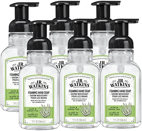 J.R. Watkins Foaming Hand Soap Pump with Dispenser, Moisturizing All Natural Hand Soap Foam, Alcohol-Free, Cruelty-Free, USA Made, Use as Kitchen or Bathroom Soap, Aloe & Green Tea, 9 fl oz, 6 Pack