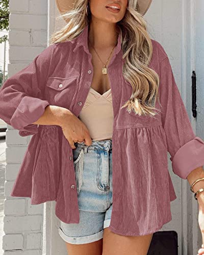 Womens Corduroy Peplum Shacket Jacket Long Sleeve Button Down Babydoll Shirts Oversized Casual Blouses Tops3