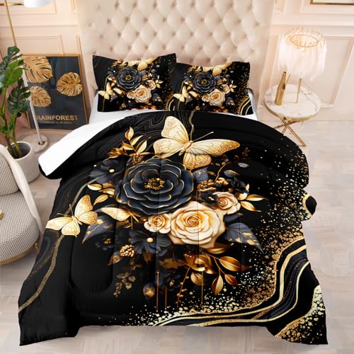 Edredon Cama 180 Mariposa Dorada Estampado Bedding Edredón Nórdico 140X200 Cm, Edredón De Fibra 200Gr/M²,Transpirable Colcha De Microfibra para Todas Las Estaciones