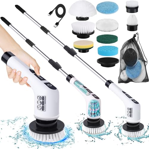 Electric Spin Scrubber,360 Cordless Tub and Tile Scrubber,Multi-Purpose Power Surface Cleaner with 3 Replaceable Cleaning Scrubber Brush Heads,Extension Handle Shower Scrubber (QJS-002BK)