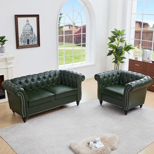 Image of QHITTY 2 Piece Living Room Set, Sectional Chesterfield Sofa Chair Contemporary Upholstered Leather Loveseat Couch Sets for Living Room, Office (Green)